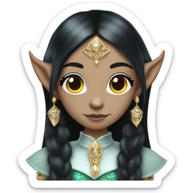 elf princess with pointy ears, white skin, black hair with jewellery,  sticker