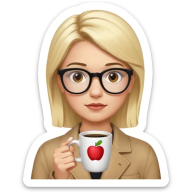Chanel Oberlin, blonde hair, brown eyes, glasses, acne, dark eyebrows, holding a coffee cup, apple emoji style sticker