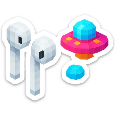 white EarPods headphones with a playful twist, floating in space, with a UFO nearby sticker