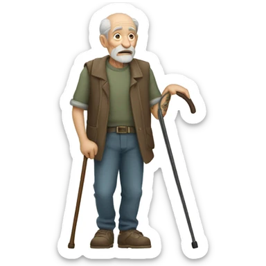 Old man with tattoos leaning on a walking cane holding his back with the other hand sticker