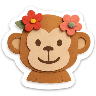paper craft style monkey with flowers, bust up sticker