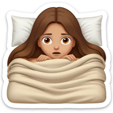 a tanned girl with brown long hair laying in bed hid under the blanket  in fear sticker