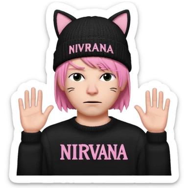 A man with a Knitted hat with black cat ears, black sweater with white lettering in the center that says "Nirvana", pink bob cut and frown with a cold look  sticker