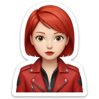 woman with short red hair and a bold red moto jacket sticker