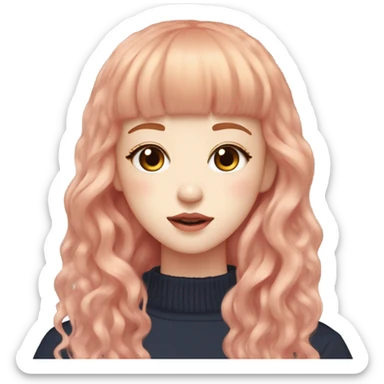 Minju Illit: clear and soft eyebrows, big eyes with big pupils, monolids, soft pink lips,pale and clear skin, long wavy ginger hair with bangs sticker