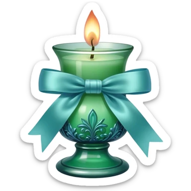 A soft blue candle in an ornate green glass holder, tied with a delicate satin blue bow. sticker