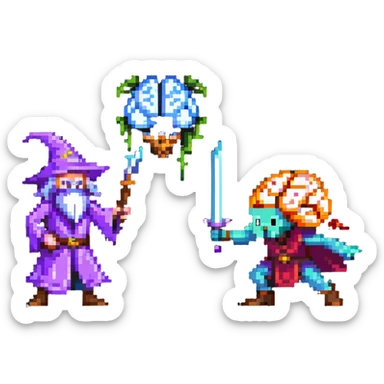 wizard and brain in a duel with animated spell effects sticker