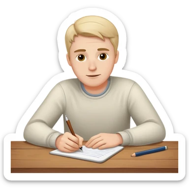 white man writing at a table sticker