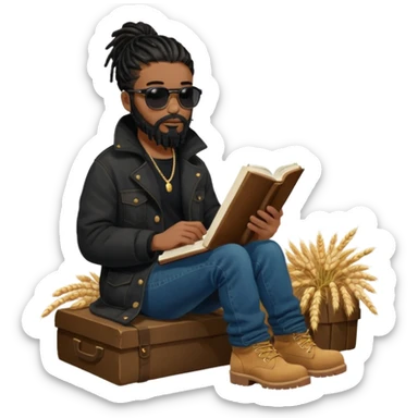 African American man with shoulder length black dreadlocks with black beard wearing black sunglasses wearing a black bubble winter coat wearing denim skinny jeans wearing wheat timberland boots reading the bible sticker