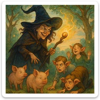 magical witch with a staff transforming humans into pigs, mischievous expression, fairy tale atmosphere, illustrative style sticker