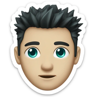 have short, spiky, jet-black hair with teal highlights emphasize his sharp, intense look. have teal eyes are striking and appear piercing or cold, reflecting his focused and calculating personality. sticker