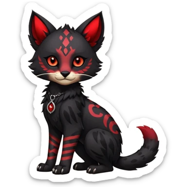 Cute accessorized kawaii cool edgy badass  dark obsidian-black fur with crimson glowing runic markings fantasy-caracal-civet-genet-sergal-vernid-Gryphon-Cacomistle-Trico-oncilla-animal-Fakémon-hybrid-fursona (full body), facial markings, (realism style) sticker