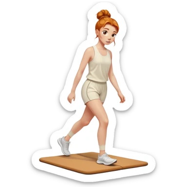 Beautiful Ginger girl messy bun walking on walking pad cream gym outfit sticker