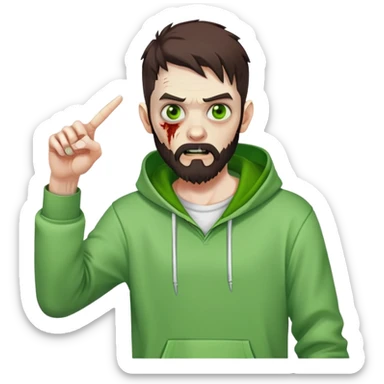 zombie pointing finger, undercut hairstyle with dark brown hair, short full beard, bright green eyes, wearing plain white hoodie sticker