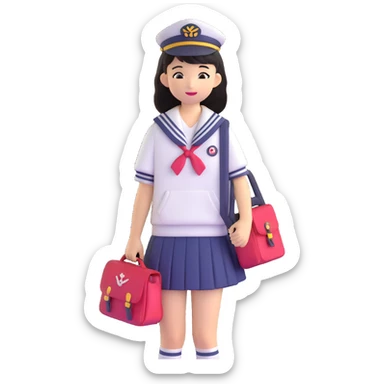 Cute Japanese female high school student in sailor uniform carrying a school bag sticker