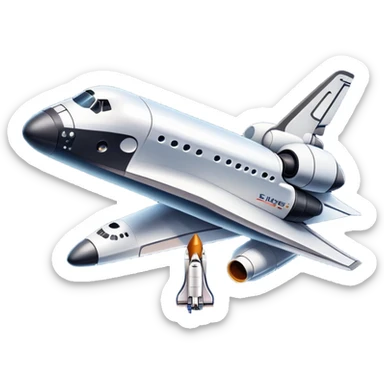 An icon featuring a space shuttle and an airplane against a starry sky, symbolizing aerospace technology. The design includes rocket boosters and satellite orbits, representing the exploration of space and advanced aviation. Transparent background sticker