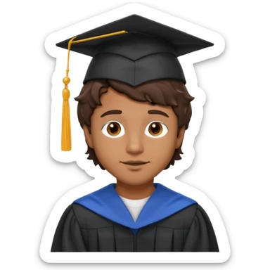 brown man, short very wavy hair, brown eyes, Brunette with graduation sticker