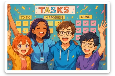 petite équipe tech IA/ML devant un tableau rempli de tâches accomplies, tous souriants et détendus, ambiance de fête, style anime, couleurs éclatantes sticker