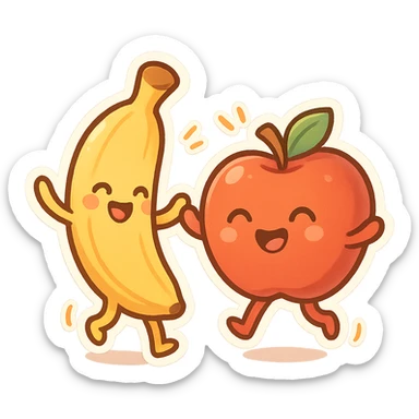 a banana and apple with smiling faces, dancing joyfully, vibrant colors, no background sticker