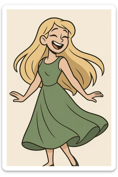a girl in a flowing green dress, long blonde hair, smiling, minimal background sticker