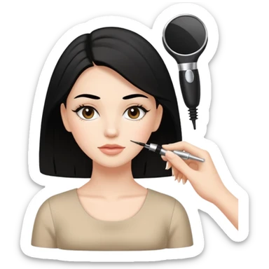 White girl with black hair in beige dress getting a cosmetology facial sticker