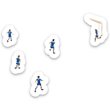 A mini-football match in an indoor sports hall with a wooden floor and clear court markings. The scene captures players in action, with the ball moving towards the goal, and the surrounding bleachers and overhead lights adding to the atmosphere of a competitive game. sticker