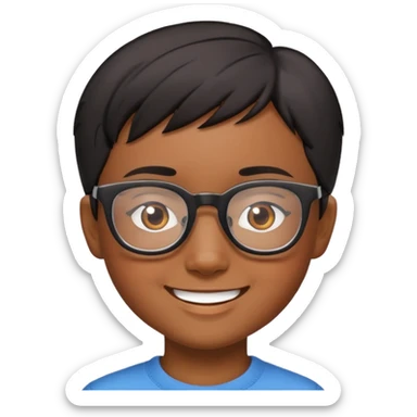 "- Nam
- 10 tuổi
- Da nâu
- Tóc ngắn, đen
- Cười mỉm
- Đeo kính
" sticker