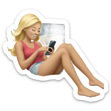 blonde mom giggling and kicking her feet while laying on her bed looking at her phone sticker