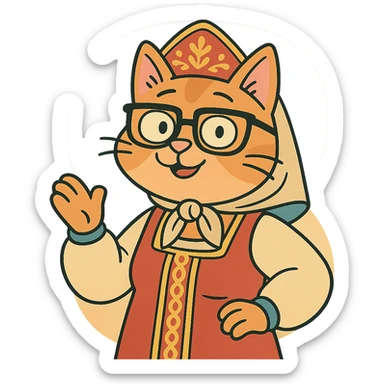 A cat in traditional Russian attire with glasses, simple and colorful. sticker