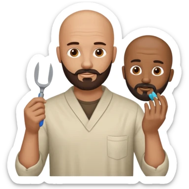 A bald man with a dark brown beard cutting someone’s hair eating poop sticker