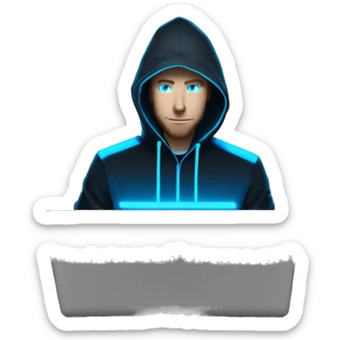 Man developer behind his laptop with this style : Alan Walker Singer neon glowing bright blue character blue black hooded hacker themed character sticker
