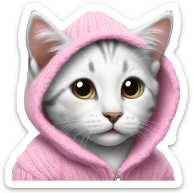 Cute kitten white and grey wearing pink purle sweater sticker