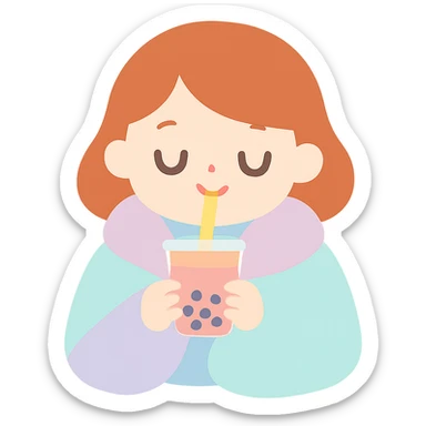 dark ginger haired girl with pale skin, wrapped in a blanket, sipping boba, eyes closed sticker