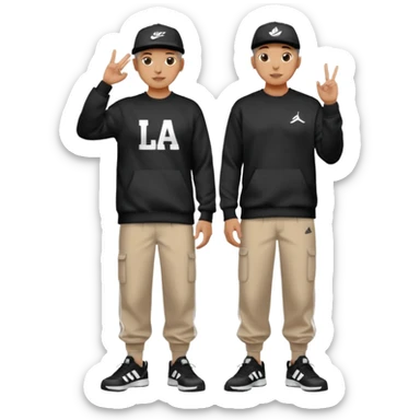 Crea Un Emoji De Cuerpo Completo Que Sea Hombre Con Corte Alucin Que Tenga Gorra Nike, Suéter Negro Que Tenga La Letras LA El La Parte Del Corazón, Zapatos Adidas Con Una Palomita✅, Pantalón Ancho O Bellaco Con Unos Diseños De Palomas Blancas Y Asiendo Una Pose Con Su Mano Que Sea Está 🤙🏽. sticker