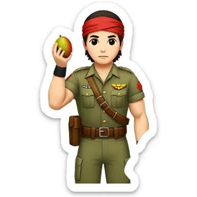 quiero que crees la imange de un Mango con Brazos fuertes y piernas como las de un culturista, que lleve uniforme militar de selva y que tenga pelo largo y una bandana roja en la cabeza como la de rambo y tambien que este en posicion de ataque con una ametralladora pixelart sticker