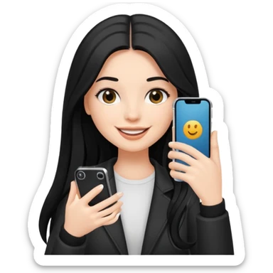 White influencer girl with black long haired, phone in hand, recording herself, confident, trendy, sticker