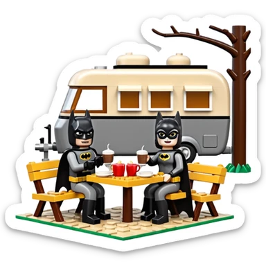  Ultra cute  Lego detailed 1854 Batman and pretty Catwoman dream house Caravan with picnic table and folding chairs alone at romantic afternoon (hot chocolate and cheeseburgers on the grill) sticker
