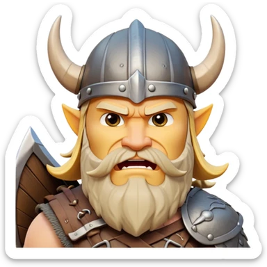 clash-of-clans-aesthetic_-cinematic-comical-viking-portrait-emoji, head tilted dramatically with an exaggerated, fierce expression and wide, comically expressive eyes, featuring a rugged yet cartoonish build with a quirky Viking helmet, standing boldly at the prow of a dragon-headed longship, its intricate dragon details carving through icy waters with epic determination. sticker