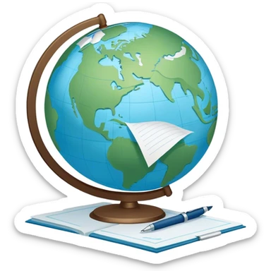 Create an emoji representing language translation. The design should feature a single globe in the background, symbolizing international communication. In front of the globe, place two books or sheets of paper, with a pen nearby to indicate the act of writing. Use a clean and professional color palette with blues, greens, and neutral tones. Do not include any emojis or smiley faces. Make the background transparent sticker