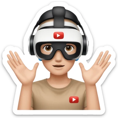 A person wearing a VR headset with the white YouTube play button logo on it sticker