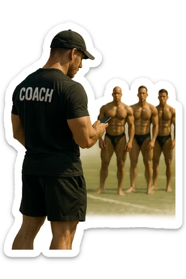 cinematic a bodybuilding coach is seen far away on the sidelines, partially turned away from the team or group, engaged in another activity (like reading, texting, or talking on the phone), while the athletes look toward them for support or instruction. The distance between coach and team is visually clear, symbolizing lack of presence. in italiano sticker