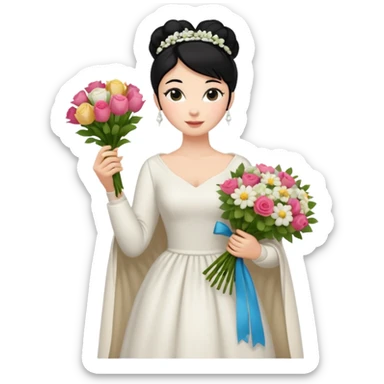 Chica blanca,cuerpo entero, vestido boda ,manga larga ,con estola, pelo negro,    ramo de flores una mano, pelo recogido en moño alto sticker