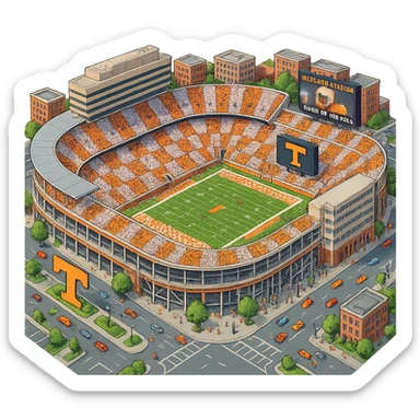 Изометричная, яркая, детализированная и фотореалистичная иллюстрация стадиона Neyland Stadium в стиле 3D-коллажей городов, насыщенные цвета, аккуратные линии, мультяшно-реалистичная стилистика. Чёткие контуры, прозрачный фон, высокое качество. sticker