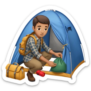 A man wearing a flannel shirt and backpack, setting up a tent with focused hands sticker