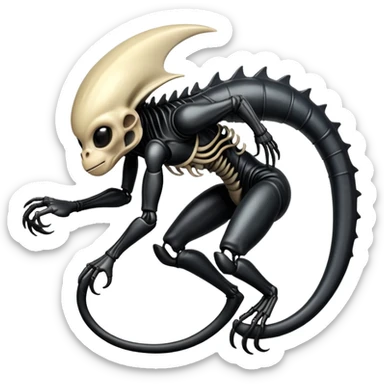 A monkey with Xenomorph features, elongated head, black exoskeleton, and biomechanical appearance sticker