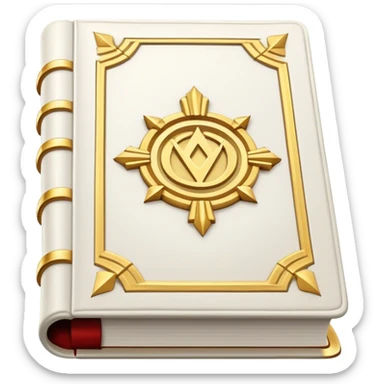 A white leather book with golden accents, smooth and polished, embossed with a symbol of six pillars, or a glowing mirror, radiating strength, confidence, and the power of self-worth.  sticker