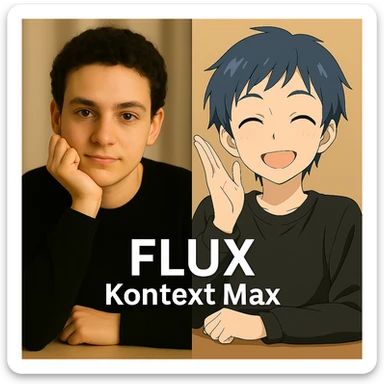 same similar image but chnage the text to "Flux Kontext Max", change people and pose too sticker