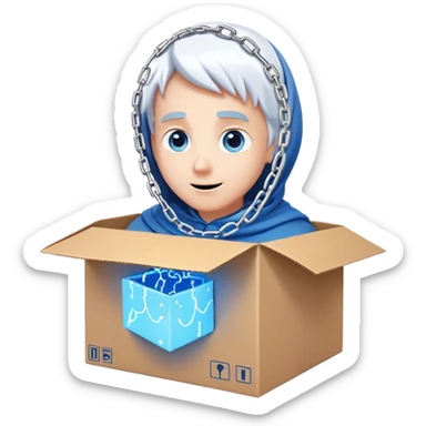 open cardboard box with glowing like they are magical chain links draped outside of. the chains should be white, the box should be open and having a mysterious blue glow hue coming from it. the box should also have a face with kind and excited eyes  sticker