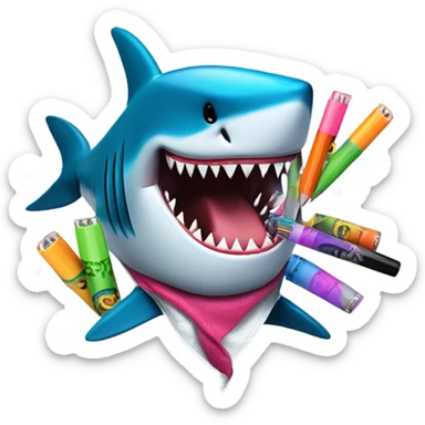 Shark consuming markers while being harassed by a criminal duck with tattoos  sticker