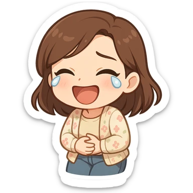 3D chibi style high-quality rendering with smooth shadows and soft gradients, girl based on reference image preserving facial features and hairstyle, wearing jeans and pastel floral cardigan, thick white outline like a sticker, laughing to tears holding her belly sticker